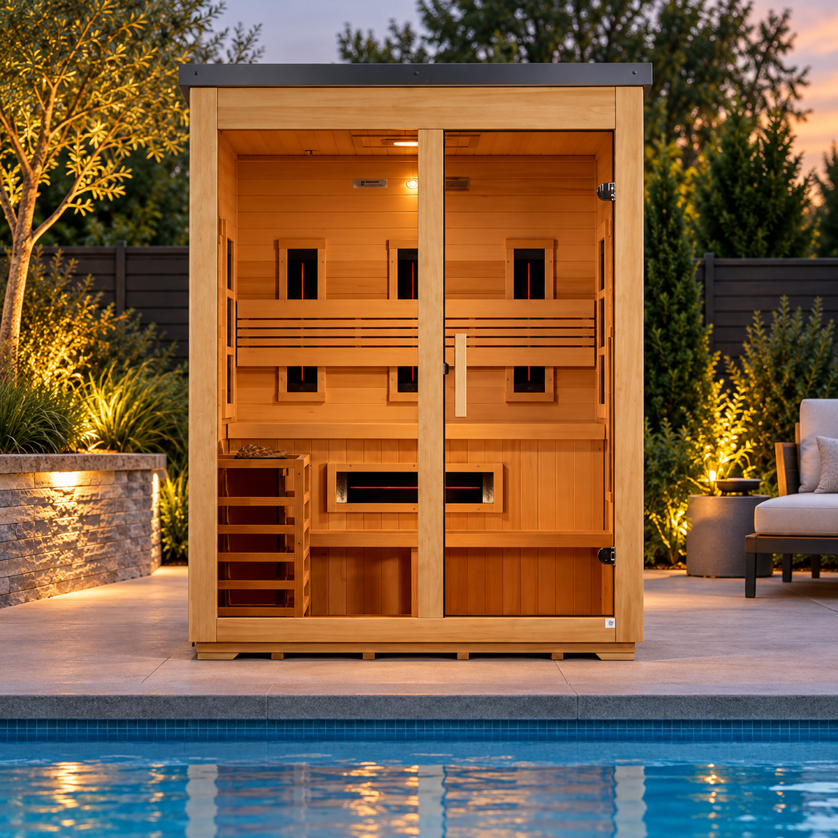 Golden Designs "Carinthia" 3 Person Hybrid (PureTech™ Full Spectrum IR or Traditional Stove) Flat Roof Outdoor Sauna (GDI-8023-01) ***New 2026 Model***