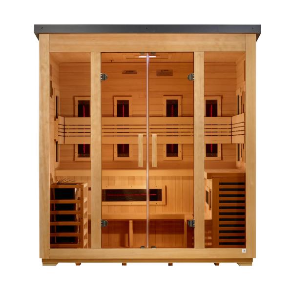 Golden Designs "Gargellen" 5 Person Hybrid (PureTech™ Full Spectrum IR or Traditional Stove) Flat Roof Outdoor Sauna (GDI-8025-01) ***New 2026 Model***